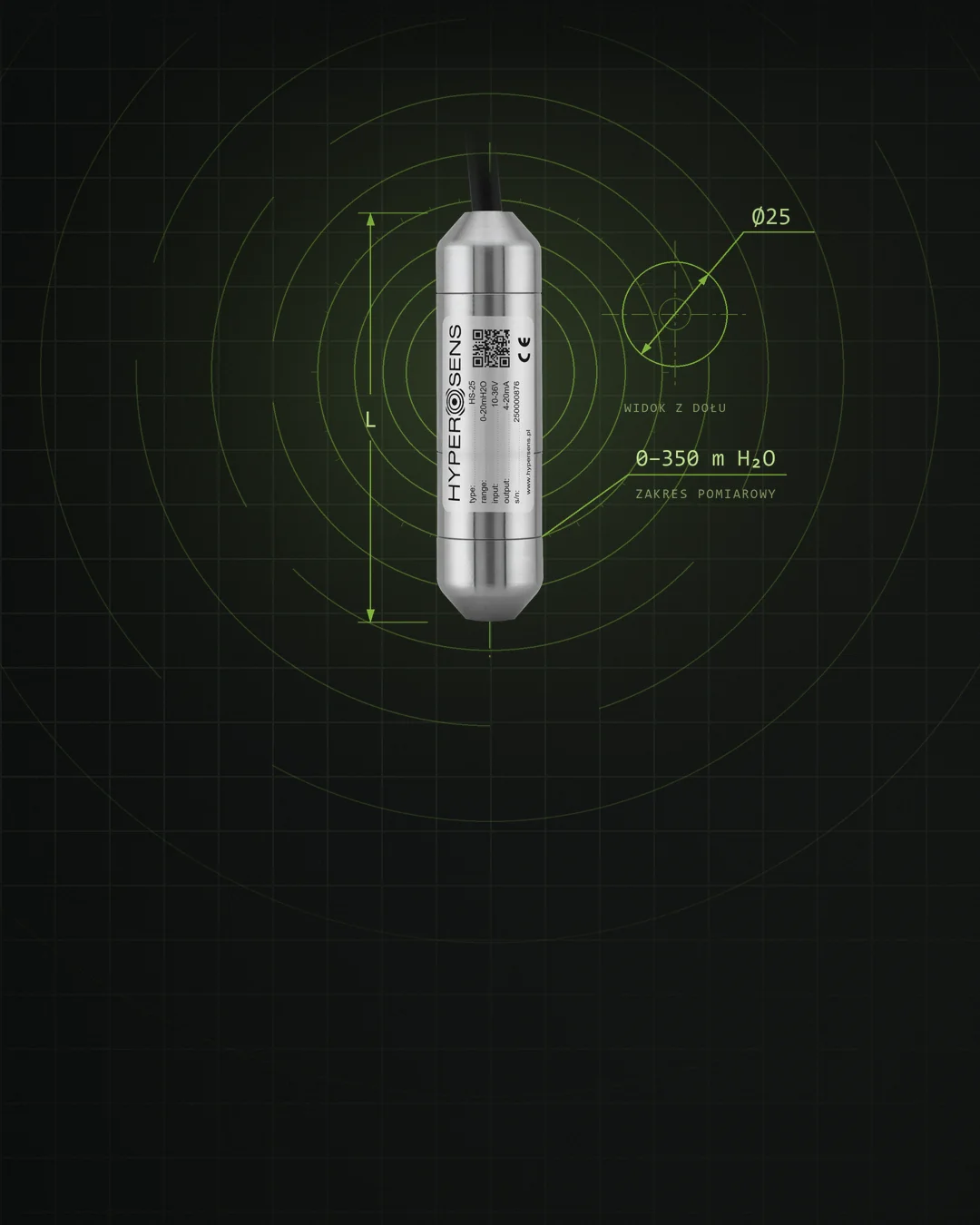 Sonda hydrostatyczna HS-25 na tle rysunku technicznego: średnica 25 mm, zakres pomiarowy 0–350 m H₂O